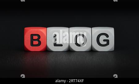 Würfel bilden das Wort „BLOG“.3D-Rendering auf schwarzem Hintergrund. Stockfoto