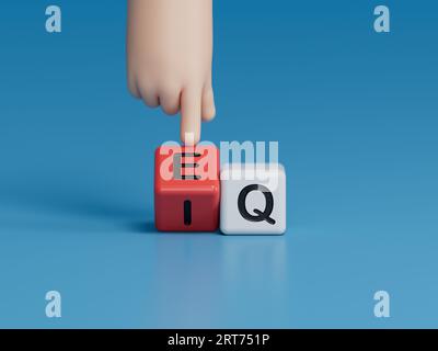 Hand dreht einen Würfel und ändert den Ausdruck „IQ“ (Intelligenzquotient) in „EQ“ (emotionale Intelligenz/Quotient).3D-Rendering auf blauem Hintergrund. Stockfoto