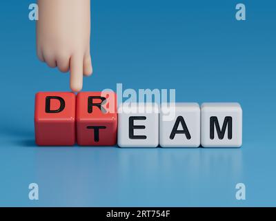 Würfel bilden die Wörter Teamwork und Dream Work.3D-Rendering auf blauem Hintergrund. Stockfoto