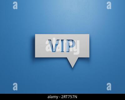 VIP-Sprechblase. Minimalistisches abstraktes Design mit weißem, ausgeschnittenem Papier auf blauem Hintergrund. 3D-Rendern. Stockfoto