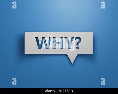 Warum? - Sprechblasen. Minimalistisches abstraktes Design mit weißem Ausschnittpapier auf blauem Hintergrund. 3D-Rendern. Stockfoto