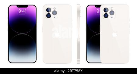 Neues iPhone 15 Pro, pro max. Weiße Farbe von Apple Inc iphone mit Mock-up-Bildschirm und iphone auf der Rückseite. Hohe Qualität. Offizielle Präsentation. Editorial. Stock Vektor