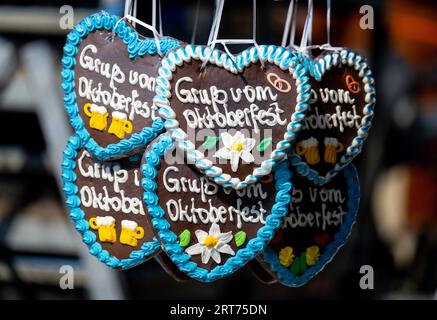 München, Deutschland. September 2023. Lebkuchenherzen mit der Aufschrift „Grüße vom Okktoberfest“ hängen an einem Stand auf der Theresienwiese, dem Oktoberfestgelände. Die 188. Wiesn findet in diesem Jahr ab 16.09. Statt. Bis zum 03.10.2023. Quelle: Sven Hoppe/dpa/Alamy Live News Stockfoto