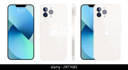 Neues iPhone 15 Pro, pro max. Weiße Farbe von Apple Inc iphone mit Mock-up-Bildschirm und iphone auf der Rückseite. Hohe Qualität. Offizielle Präsentation. Editorial Stock Vektor