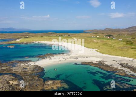 Die weißen Sandstrände und das türkisfarbene Wasser von Sanna Bay, Ardnamurchan Peninsula, Schottland, Großbritannien Stockfoto