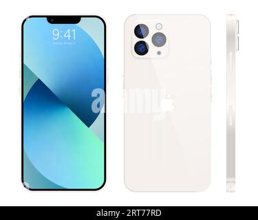 Neues iPhone 15 Pro, pro max. Weiße Farbe von Apple Inc iphone mit Mock-up-Bildschirm und iphone auf der Rückseite. Hohe Qualität. Offizielle Präsentation. Editorial. Stock Vektor