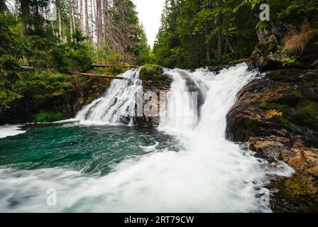 Starker Gebirgswasserfall im grünen Wald – Weitwinkelaufnahme. Wunderschöner und kraftvoller Wasserfall mit türkisfarbenem Wasser - Steine und Felsen im Vordergrund Stockfoto