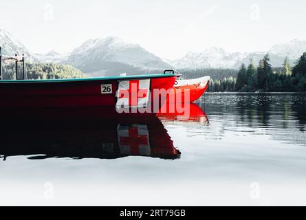 Rettungsboot mit Kreuz an der Seite in gefrorenem See mit Wald im Hintergrund am Ende der Saison. Kalte Landschaft mit rotem Rettungsboot im Wasser mit Nebel und Stockfoto