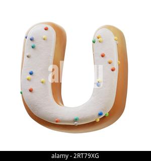 3D-Darstellung des Konzepts der weißen Donut-Schriftart. Bäckerei süßes Alphabet. Köstlicher Buchstabe. 3D-Rendering isoliert auf weißem Hintergrund. Stockfoto