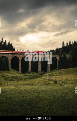 Vertikales Foto des Zuges auf einem Viadukt im Wald von Telgart-Slowakei mit stimmungsvollem und dramatischem Himmel vor Sturm. Stockfoto