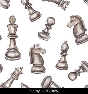 Nahtloses Schachmuster auf weißem Hintergrund. Aquarellhandzeichnung eines Schachbrettspiels aus Holz. Komposition zur Gestaltung eines Schachklubs Stockfoto