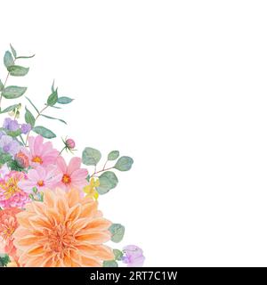 Aquarellfarbener botanischer Rahmen mit Sommer- und Herbstblumen: dahlia, Zinnia, lathyrus, gillyflower, kapuzinerkresse, Eukalyptus. Gut für Hochzeiten Stockfoto