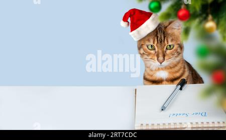 Eine Weihnachtskatze in einem Weihnachtsmannhut schreibt einen Brief an den Weihnachtsmann. Grußkarte. Leerzeichen kopieren. Stockfoto