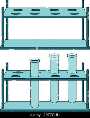 Ständer für Reagenzgläser leer und mit Reagenzglasinstrumenten für Experimente Stock Vektor