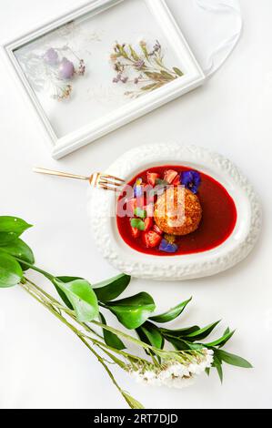 Dessert gebratenes Eis in Erdbeersauce mit Beeren. Draufsicht mit Kopierbereich auf weißer Tabelle Stockfoto