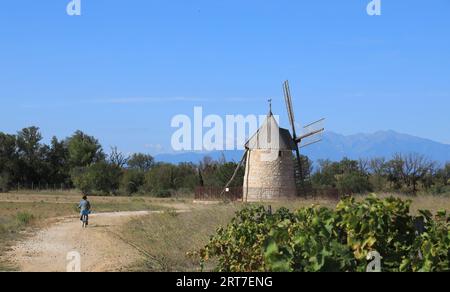 Person auf dem Fahrrad in Richtung Moulin de Claira, einer restaurierten Windmühle in Claira, Frankreich, mit Blick auf die Pyrénées-Berge im Hintergrund Stockfoto