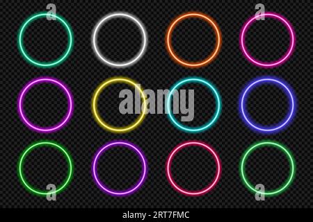 Neon-Rahmen-Taste, Kreis gesetzt. Leuchtend farbenprächtiger runder Rand. Elemente der Benutzeroberfläche für die Aktion „Geometrische Form“ mit Kopierbereich. Violett, blau, rosa, gelb, grün, rot Stock Vektor