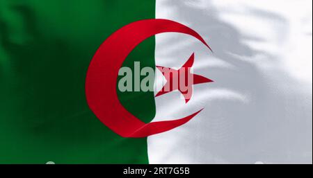 Nahaufnahme der Flagge Algeriens, die an einem klaren Tag winkt. Zwei vertikale Balken, grün und weiß, mit einem roten Stern und einem Halbmond in der Mitte. 3D illustr Stockfoto