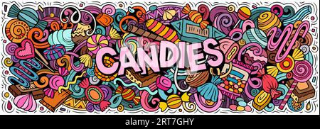 Comic Vector Candies Doodle Illustration zeigt eine Vielzahl von süßen Lebensmitteln Objekte und Symbole. Leuchtende Farben skurriles lustiges Bild. Stock Vektor