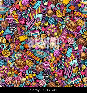 Das nahtlose Muster des Cartoon-Doodles zeigt eine Vielzahl von Candies-Objekten und -Symbolen. Skurriler verspielter Candy Shop farbenprächtiger Hintergrund für den Druck auf dem Bildschirm Stock Vektor