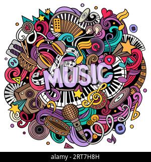 Musik Hand gezeichnet Vektor Kritzelillustration. Musikalisches Design. Sound-Elemente und Objekte Cartoon-Hintergrund. Leuchtende Farben lustiges Bild. Alle Elemente sind Stock Vektor