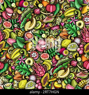 Comic-Vektor-Kritzeleien zum Thema exotische Früchte nahtloses Muster zeigt eine Vielzahl tropischer fruchtiger Objekte und Symbole. Skurril verspielt c Stock Vektor