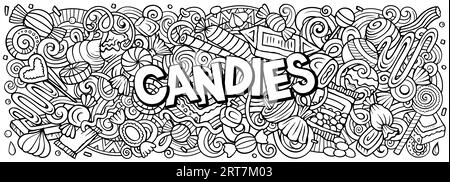 Comic Vector Candies Doodle Illustration zeigt eine Vielzahl von süßen Lebensmitteln Objekte und Symbole. Ein skurriles, lustiges Bild. Stock Vektor