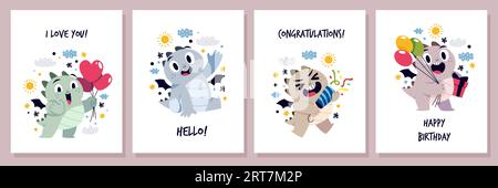 Zeichentrickfilm-Drachen-Karten für Kinder. Niedliche Geburtstagsmaskottchen, kleine Dino-Figuren, lustiges Silvester-Symbol, glückliche Märchentiere, kindliche Poster und vieles mehr Stock Vektor