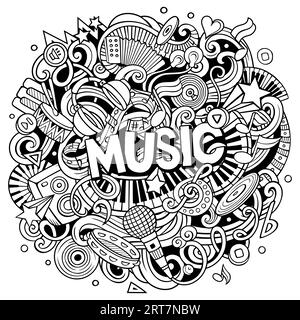 Musik Hand gezeichnet Vektor Kritzelillustration. Musikalisches Design. Sound-Elemente und Objekte Cartoon-Hintergrund. Ein komischer Film. Alle Artikel sind sepa Stock Vektor