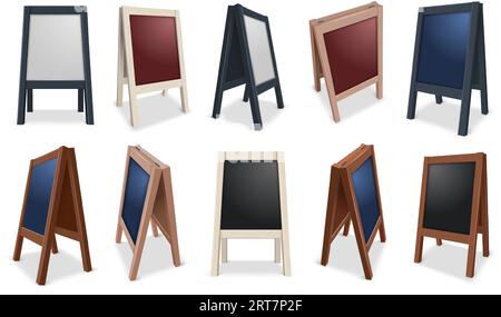 Mockup für Schwarze Bretter im Freien. Leere Kreidemenütafeln, Tafelschablone mit Holzrahmen isolierter Vektorillustration Stock Vektor