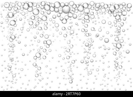 Hintergrund mit glitzernden Blasen. Erfrischendes klares kohlensäurehaltiges Mineralwasser, sprudelnder Wassereffekt und aufsteigende Luftblasen in der Wasservektorillustration Stock Vektor