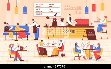 Café-Bar mit Besuchern. Farbenfrohe Cafes mit einer Gruppe von Menschen, die Kaffee genießen. Barista macht Getränke für Kaffeehausgäste Vektor Stock Vektor