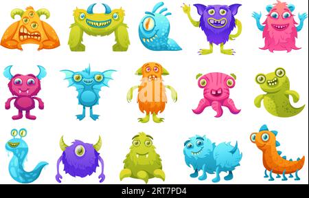 Zeichentrickmonster. Bunte lustige Kreaturen, ein felliges Monster und niedliche Raumtier-Figuren Vektor-Illustrationsset Stock Vektor