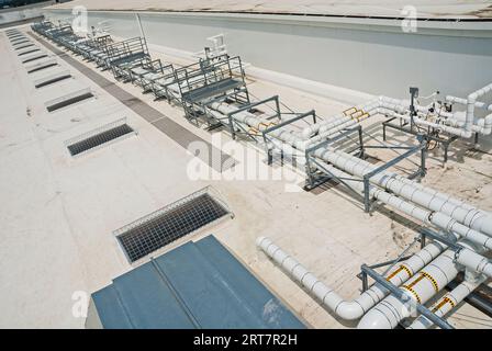 Weiß isolierte Rohrleitungen auf dem Dach des Kühlhauses für den Transport von Flüssigkeiten und Gasen in der Ammoniak-Kreislauf-Kühlung. Stockfoto