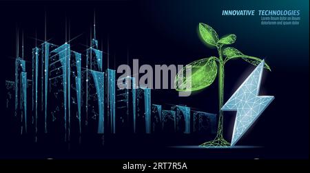 3D-Konzept für eine energiesparende Umweltverträglichkeit. Polygonale hellblaue Sprout Ökostrom grüne Energie Bannervektorillustration. Stock Vektor
