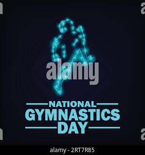 National Gymnastics Day Neon-Zeichen auf dunklem Hintergrund. Vektorillustration. Geeignet für Grußkarten, Poster und Banner Stock Vektor