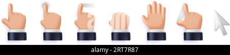Cursor-3D-Symbole. Touchscreen-Oberfläche Klicken Sie auf tippen, zeigen Sie mit dem Finger, wischen Sie, ziehen Sie die Finger, um die Vektorillustration mit Handgesten zu vergrößern und zu greifen Stock Vektor