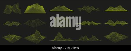 Drahtmodelllandschaften. Futuristisches 3D-Diagrammraster, Cyber-Mesh-Berge und Vektor mit verzerrten Oberflächenkoordinaten mit bearbeitbaren Konturpfaden Stock Vektor