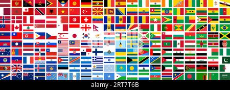Sammlung der Weltflagge aller souveränen Länder und einiger anderer Gebiete. Flaggen in offiziellen Farben, die auf das Seitenverhältnis 3:2 geändert wurden, sortiert nach Farben. Einfache flache Vektorillustration. Stock Vektor