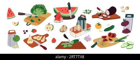 Cartoon-Obst und -Gemüse auf Schneidebrettern. Rohe Erzeugnisse oder Grünzeug reiben und mahlen. Gehackte gesunde Lebensmittel. Abendessen. Zutaten Stock Vektor