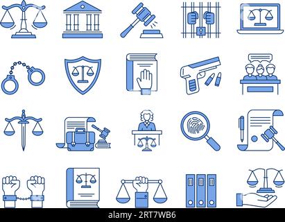 Regelsymbole. Symbole für Justiz, Gericht und Anwälte. Richter-Hammer, rechtliche Dokumente und Gefängnis lineare Vektor-Illustration-Set Stock Vektor
