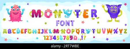 Zeichentrickmonster Schriftart. Lustige Kreaturen ABC, verspielte verrückte Zeichen Buchstaben und Zahlen. Bunte Buchstabensymbole für Kinder Vektorset Stock Vektor