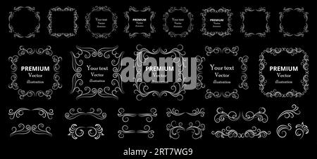 Kalligraphische Designelemente. Dekorative Wirbel oder Schriftrollen, Vintage-Rahmen, Blüten, Etiketten und Trennblätter. Retro-Vektordarstellung Stock Vektor