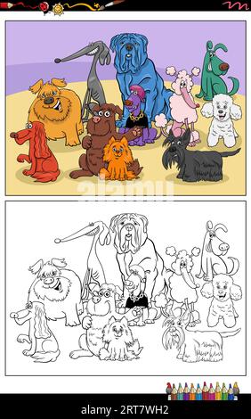 Zeichentrickillustrationen von lustigen bunten Hunden und Welpen, Tierfiguren und Gruppen Stock Vektor