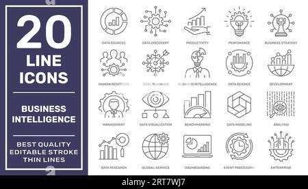 Business Intelligence-Symbole festgelegt. Business Intelligence-Tools. Verschiedene Arten von BI-Instrumenten. Bearbeitbare Kontur Stock Vektor