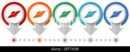 UFO, Alien-Raumschiff-Vektorsymbolsatz, Infografikvorlage mit flachem Design, Symbole für das Zeigerkonzept in 5 Farboptionen für Webdesign und mobile Anwendungen Stock Vektor