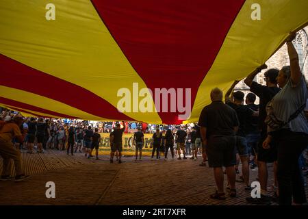 Barcelona, Spanien. September 2023. Eine große Flagge Kataloniens ist im Fossar de les Moreres zu sehen. Die katalanische Gemeinde feiert am 11. September den Nationalfeiertag Kataloniens. Die Vormittagsveranstaltungen konzentrierten sich auf das Gedenken an die letzte Verteidigung von Barcelona im Jahr 1714 gegen die Bourbonmonarchie von Felipe V. (Foto: Paco Freire/SOPA Images/SIPA USA) Credit: SIPA USA/Alamy Live News Stockfoto