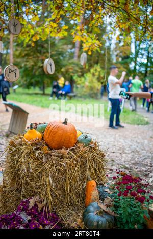 Prag, Tschechische Republik - 16. Oktober 2022: Kürbisausstellung und andere Herbstszenen im Botanischen Garten von Prag, Tschechische Republik Stockfoto