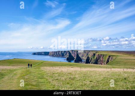 Zwei Touristen wandern zu den Duncansby Stacks an der nordöstlichen Spitze Schottlands, County Caithness, Schottland, Vereinigtes Königreich Stockfoto