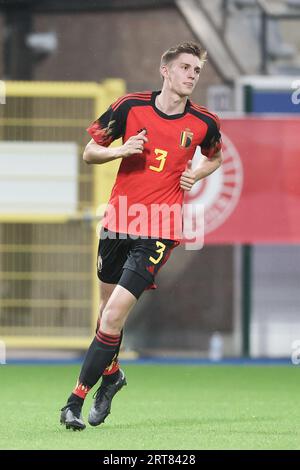 Heverlee, Belgien. September 2023. Die Belgierin Jorne Spileers, die am Montag, den 11. September 2023 in Heverlee, bei einem Spiel zwischen der belgischen U21-Nationalmannschaft Red Devils und Kasachstan bei der Qualifikation für die UEFA-U21-Europameisterschaft 2025 in Gruppe B gegen 1/10 antrat. BELGA PHOTO BRUNO FAHY Credit: Belga News Agency/Alamy Live News Stockfoto